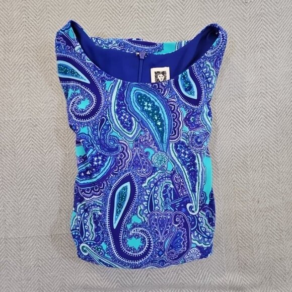 Anne Klein Midi Dress Women's 10 Navy Blue Paisley Belted Sleeveless Stretch Zip - Picture 9 of 9